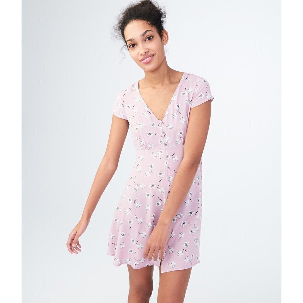 Aeropostale Pink Floral Short Sleeve Button Front Mini Shirt Dress XS - Picture 1 of 6